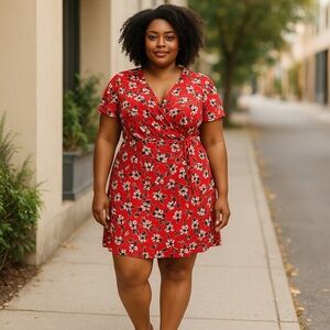Red Leota plus size faux wrap red floral dress, EUC.
